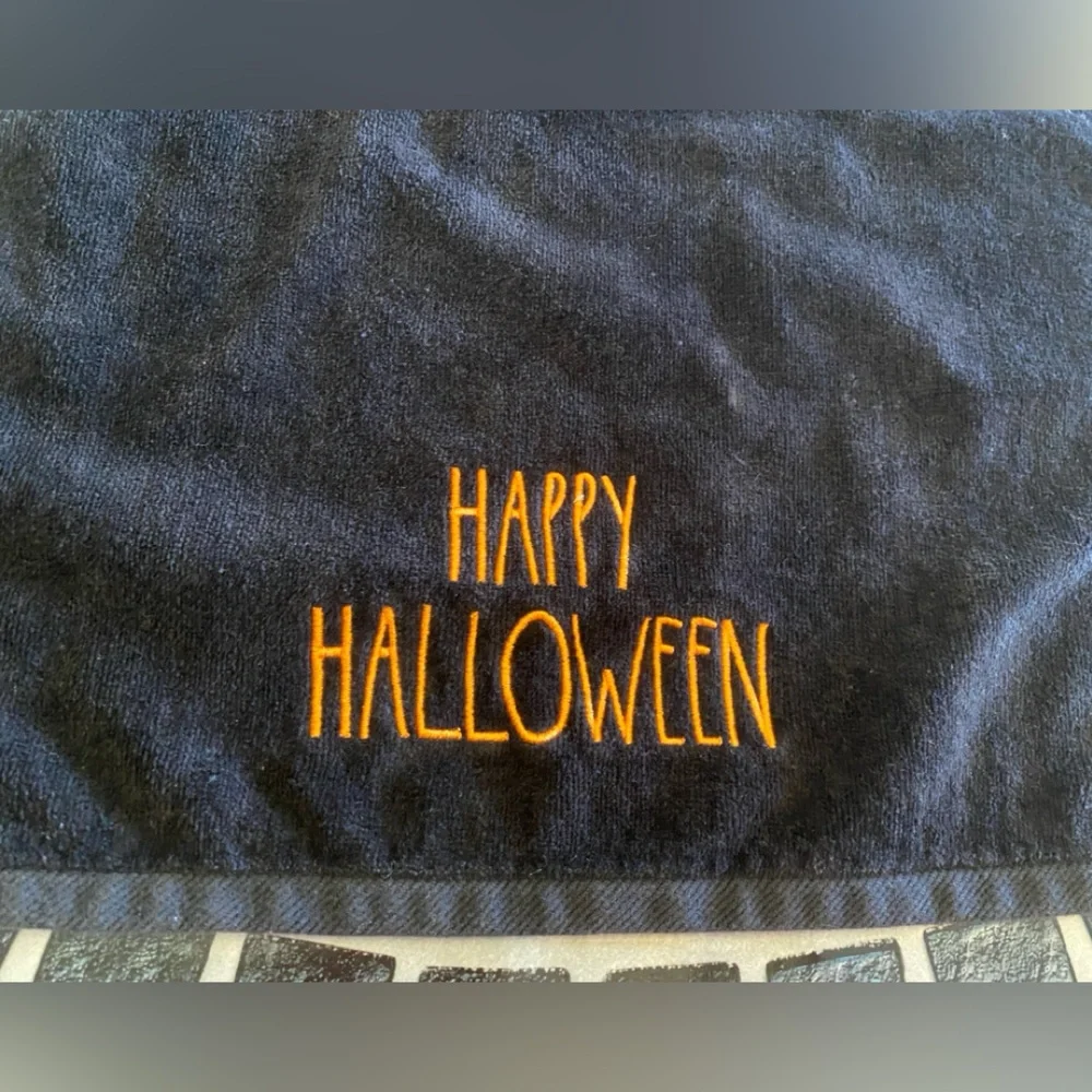 Rae Dunn Happy Halloween Hand Towels Black Towels with Orange Halloween Text